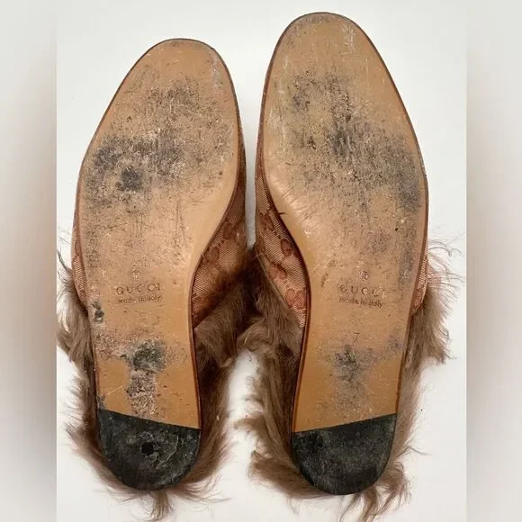 Gucci Princetown Horsebit Brown GG Print Canvas Fur Slippers Loafers US 7 EU 41